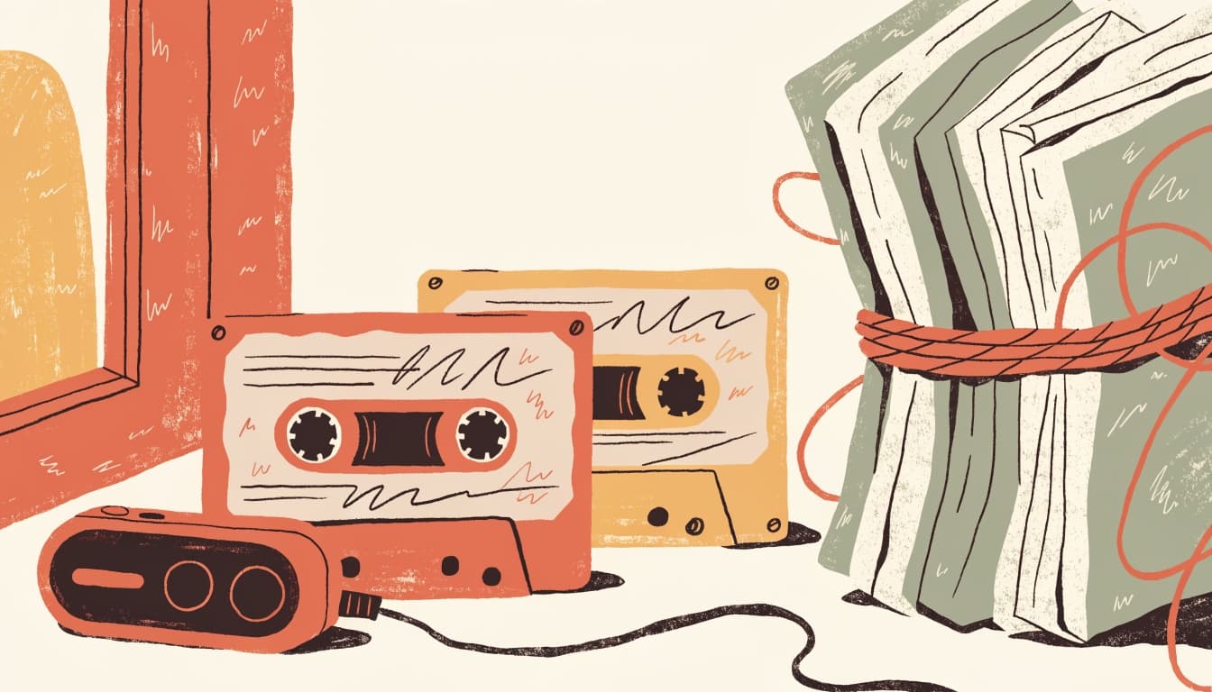 Illustration of a voice recorder, labeled cassette tapes, and a bundle of old letters tied with twine
