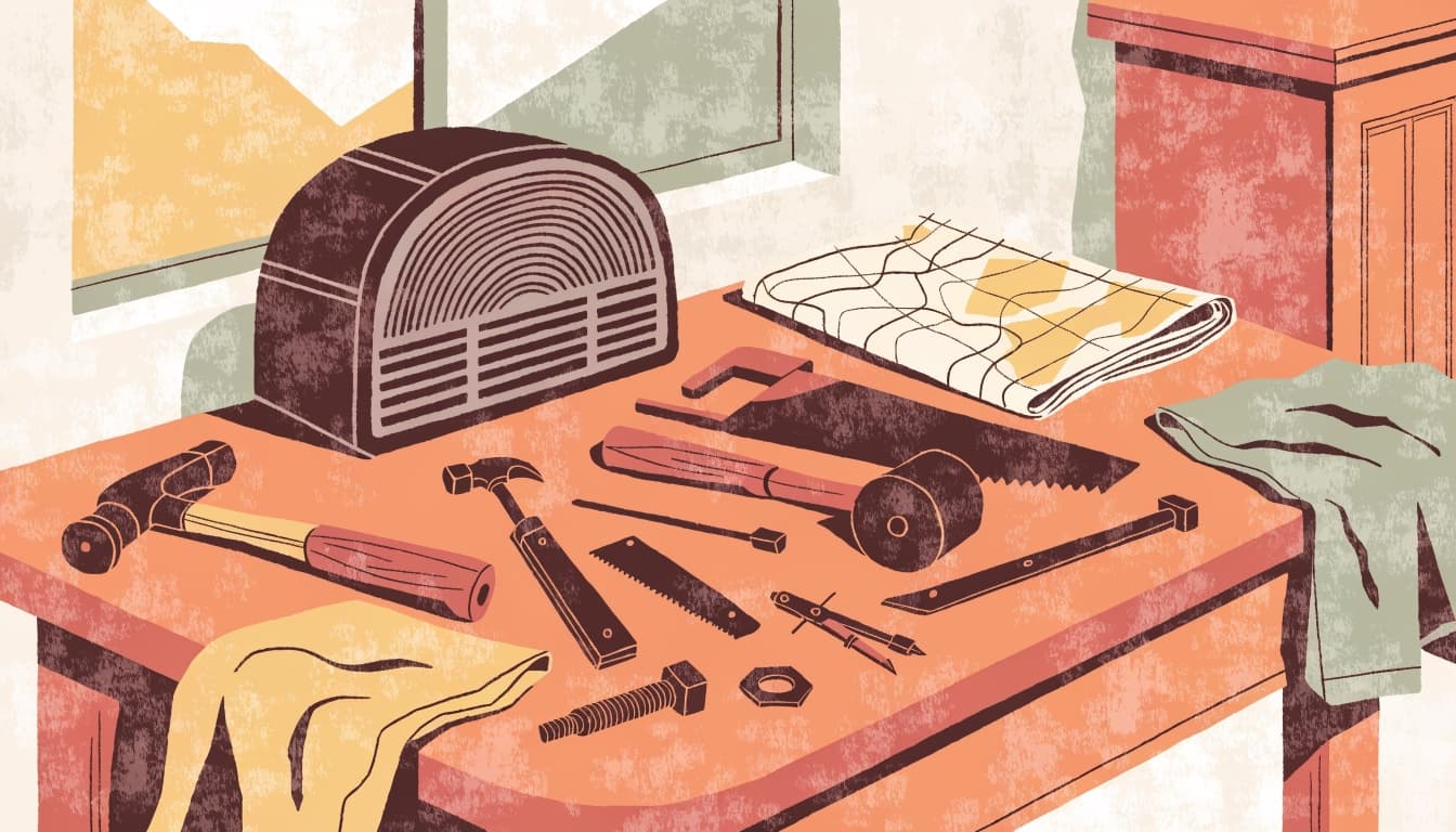 Illustration of a wooden workbench with well-worn hand tools, an old radio, and a folded road map
