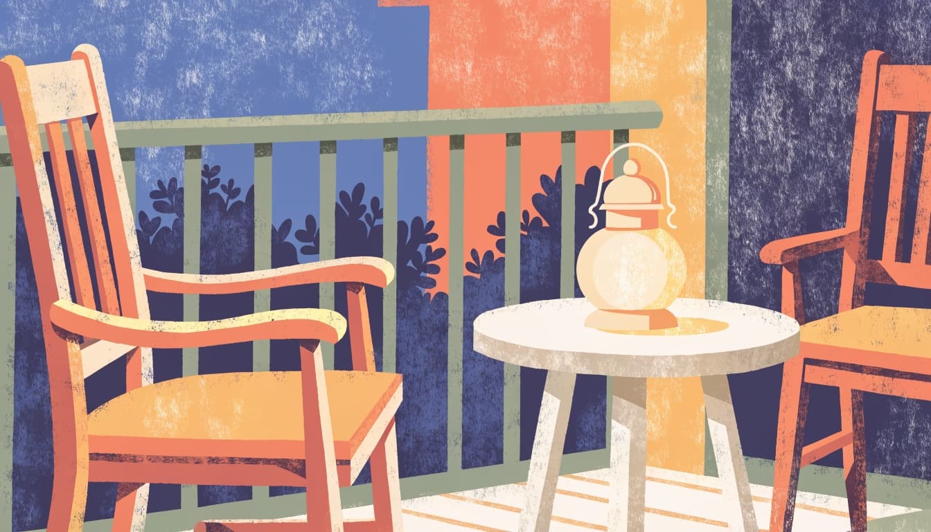 Illustration of two porch chairs at dusk with a glowing lantern on a small table between them
