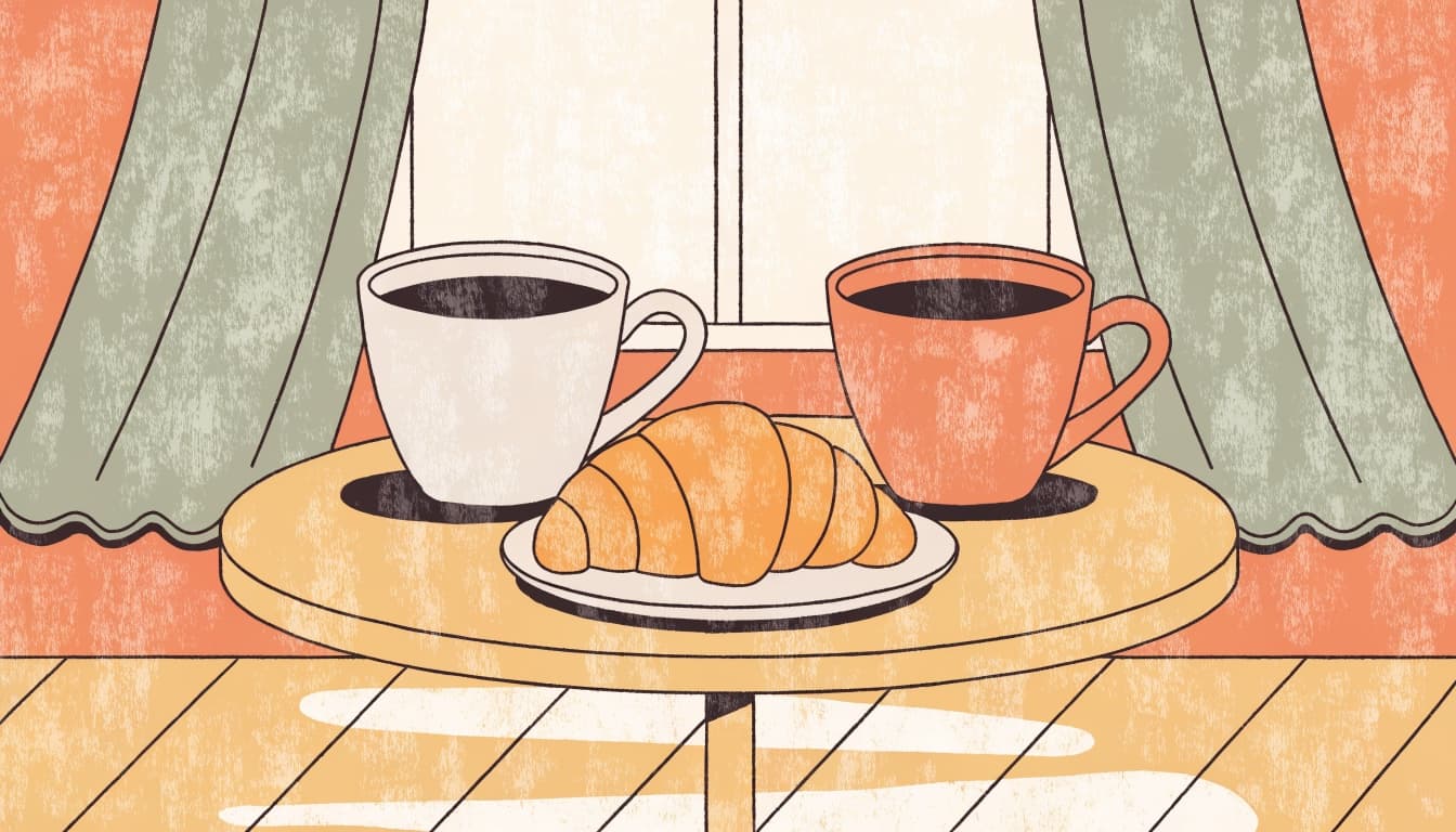 Illustration of two coffee cups facing each other across a small round cafe table in warm morning light