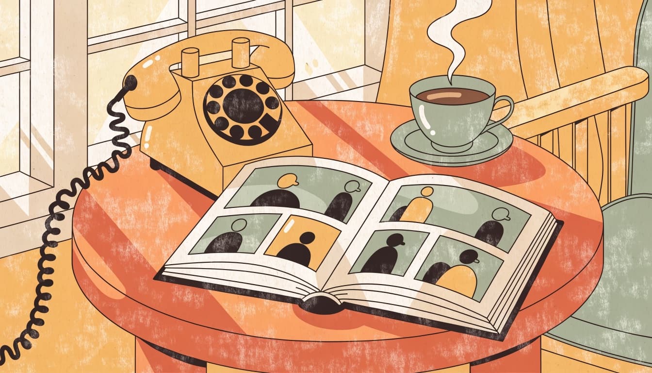 Illustration of an open family photo album, a rotary telephone, and a cup of tea on a side table in warm afternoon light