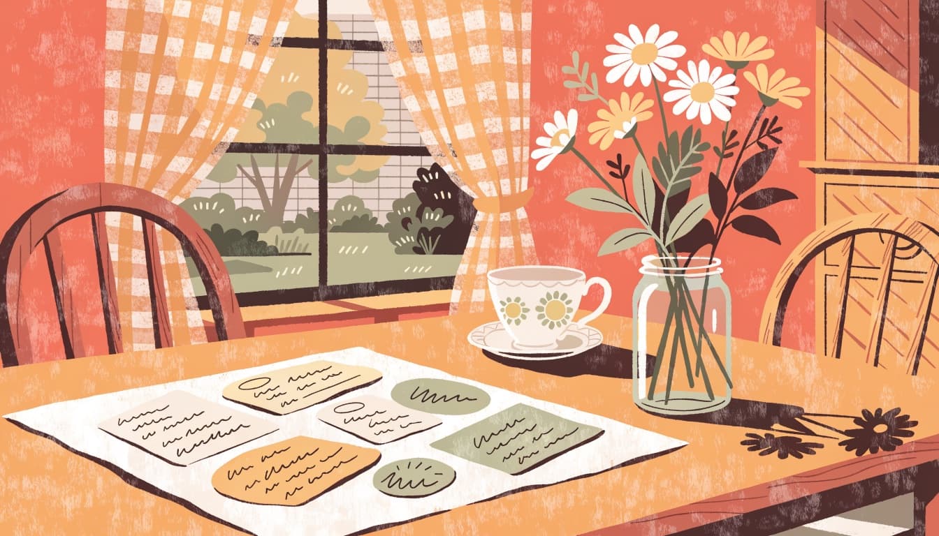 Illustration of a kitchen table with handwritten recipe cards, a floral teacup, and garden flowers in a glass jar